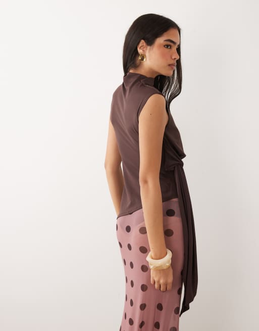 ASOS DESIGN grown on neck sleeveless top with tie detail in chocolate, 2 of 4