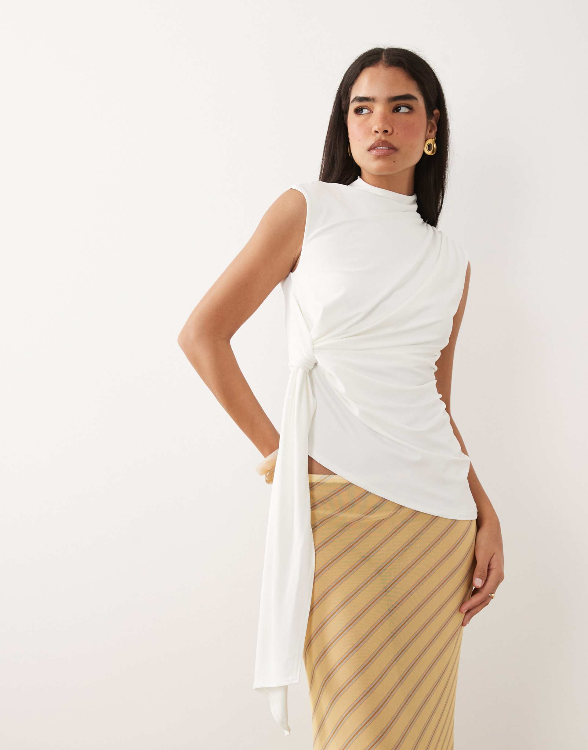 asos design grown on neck sleeveless top with tie detail in cream