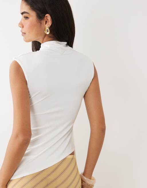 ASOS DESIGN grown on neck sleeveless top with tie detail in cream, 3 of 4