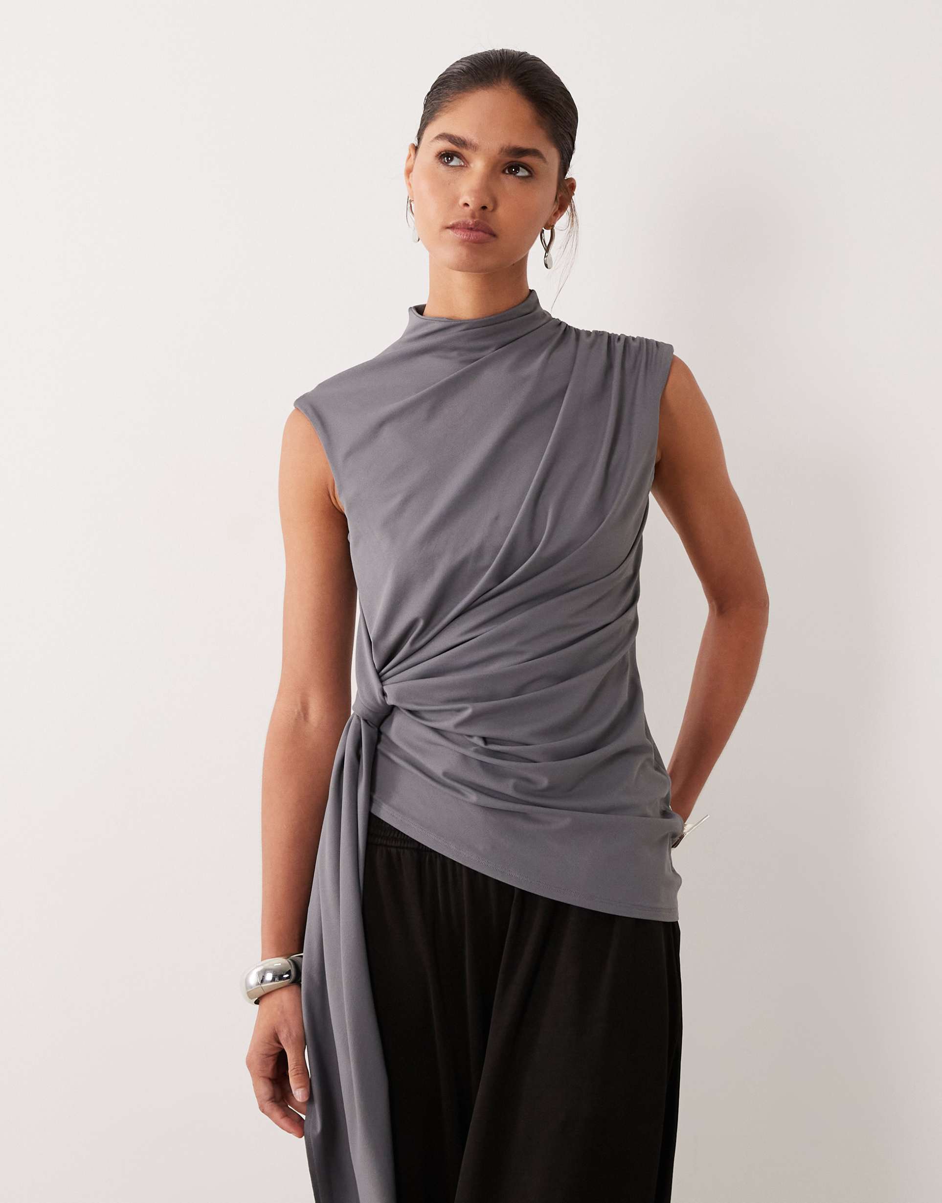 asos design grown on neck sleeveless top with tie detail in gray