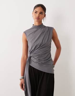 Asos Design Grown On Neck Sleeveless Top With Tie Detail In Gray