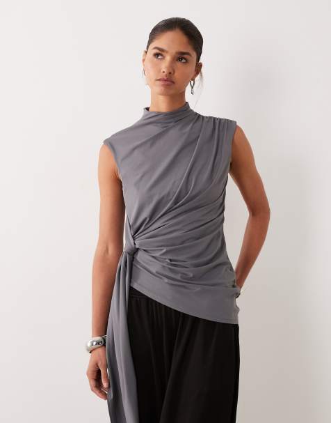 ASOS DESIGN grown on neck sleeveless top with tie detail in grey