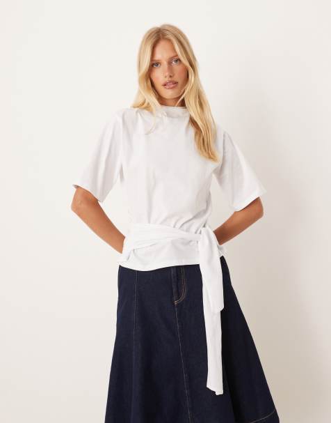 ASOS DESIGN grown on neck tee with sash tie detail in white - view 1