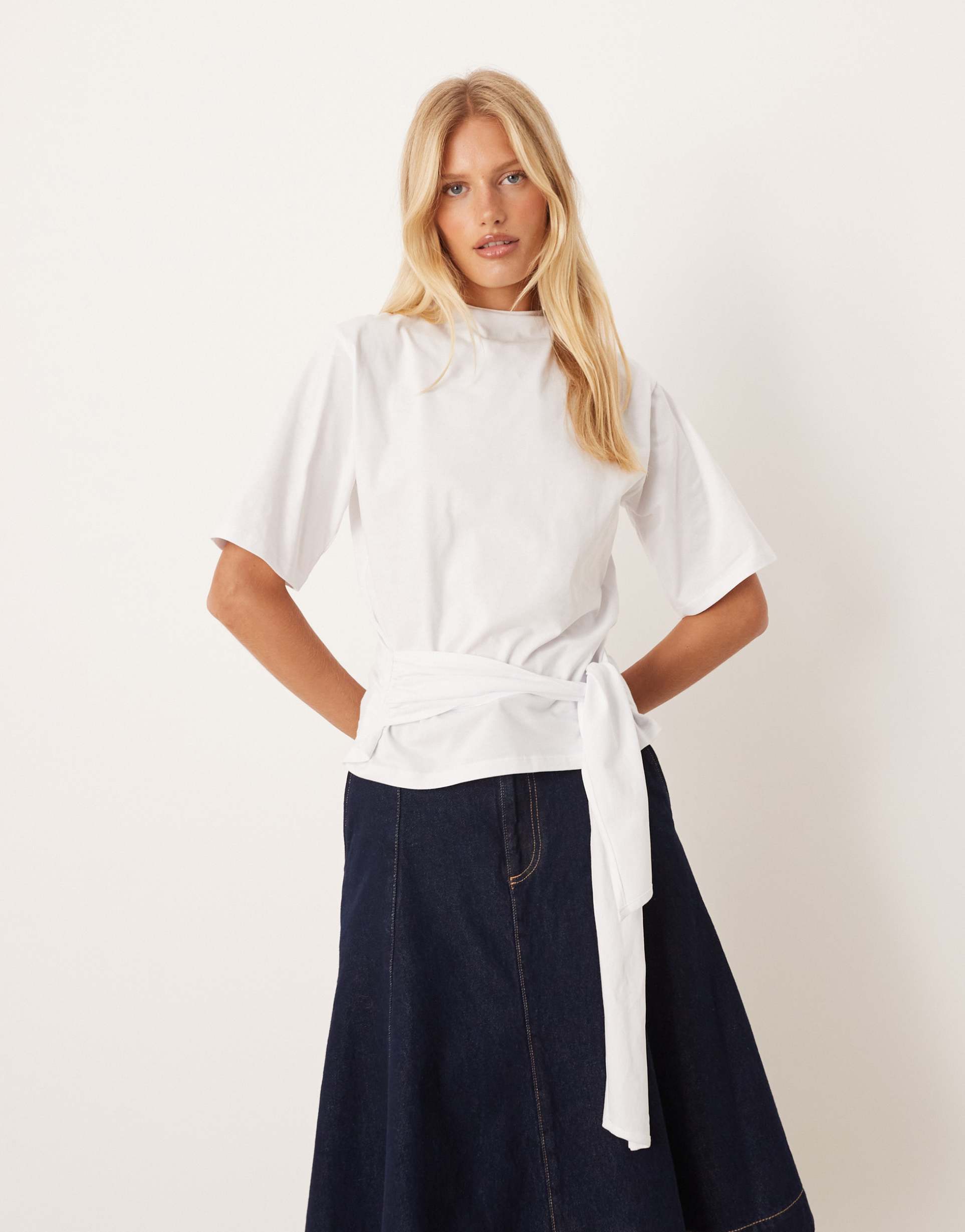 asos design grown on neck tee with sash tie detail in white