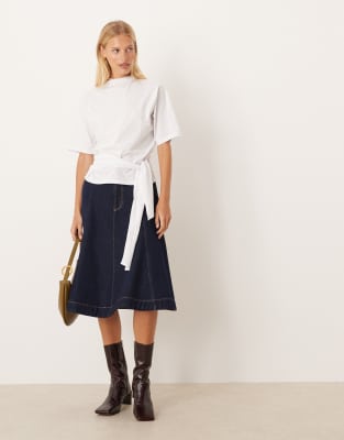 Asos Design Grown On Neck Tee With Sash Tie Detail In White