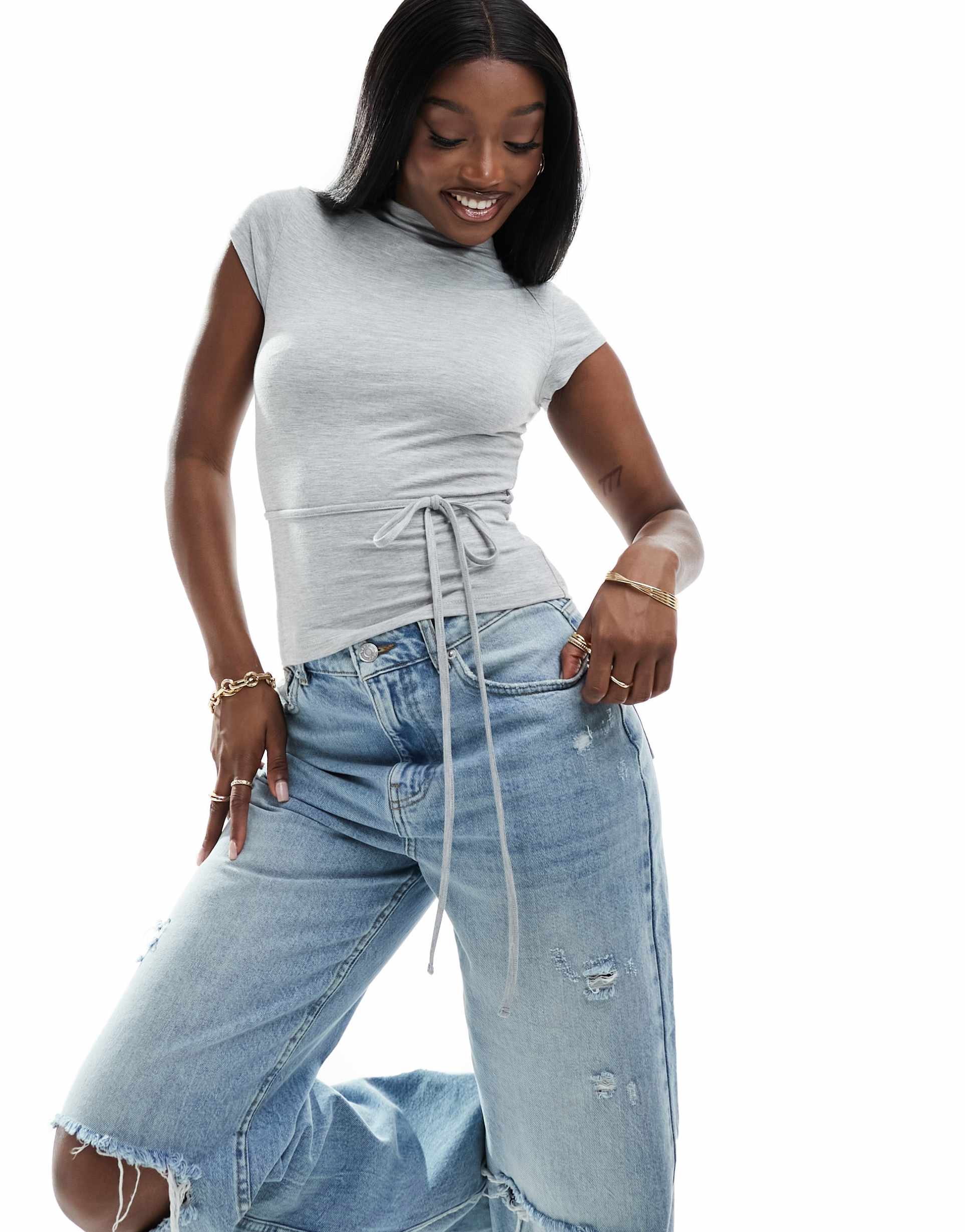 asos design grown on neck top with belt in gray