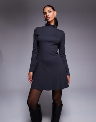 ASOS DESIGN grown on neck turtle neck mini dress in charcoal-Gray