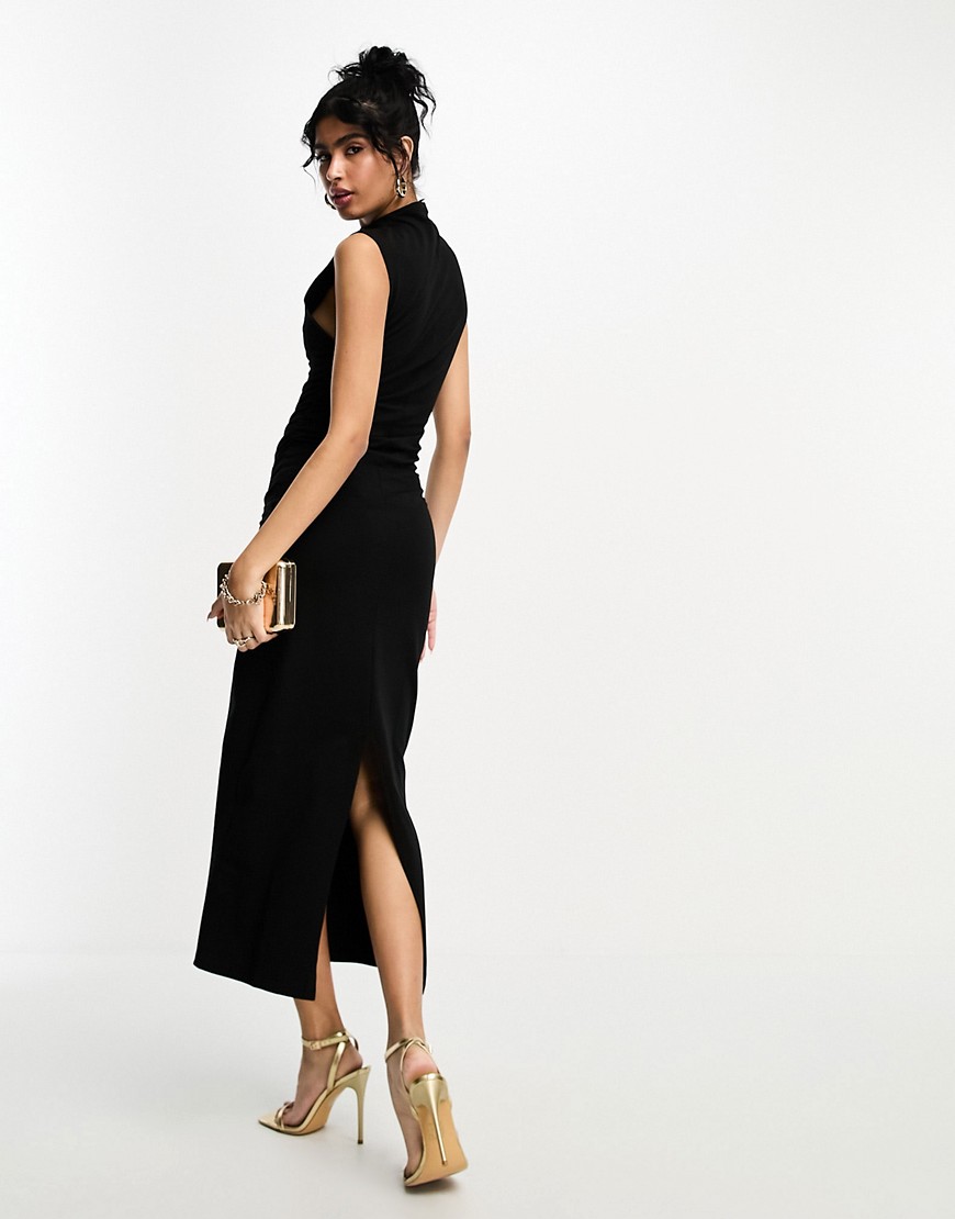 ASOS DESIGN grown on neck with ruched side midi dress in black