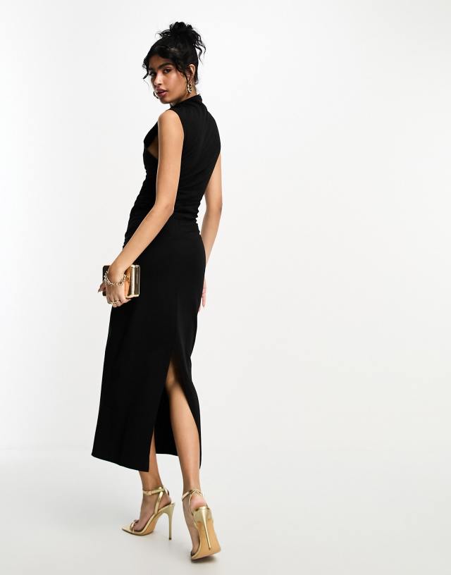 ASOS DESIGN grown on neck with ruched side midi in black