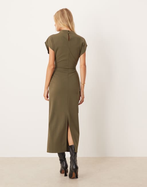 ASOS DESIGN grown on neck wrap D-ring detail midi dress in khaki, 3 of 4