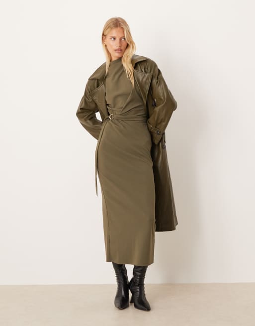 ASOS DESIGN grown-on neck wrap midi column dress in khaki