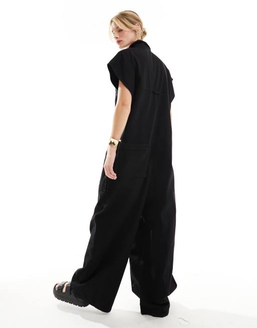 ASOS DESIGN grown on sleeve boiler suit with dropped pockets in black, 4 of 4