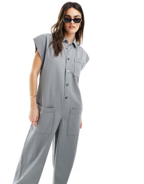 ASOS DESIGN grown on sleeve boiler suit with dropped pockets in dusky blue - view 1