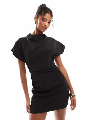 ASOS DESIGN grown on sleeve high neck mini dress with open back detail in black