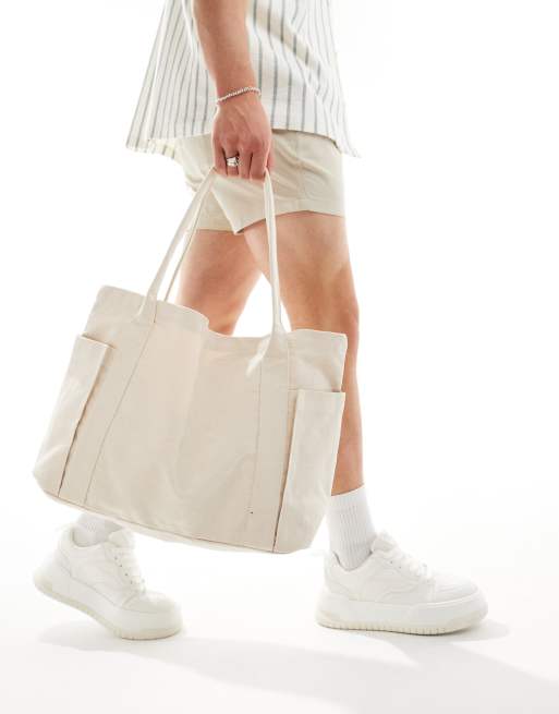 ASOS DESIGN – Gruba bawełniana torba typu tote z kieszeniami po bokach w kolorze ecru