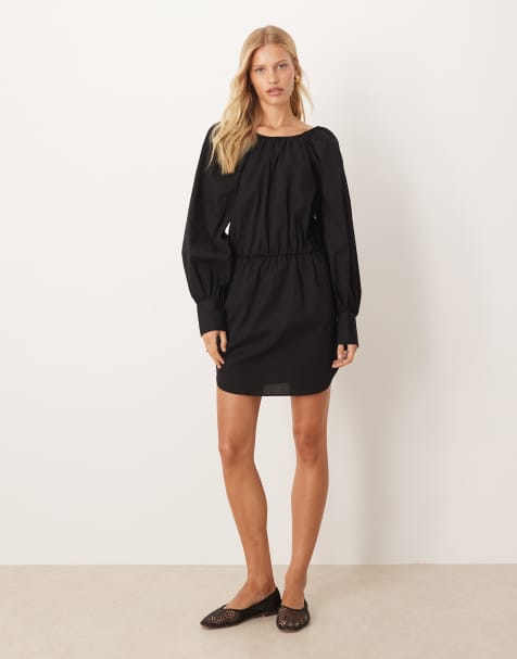 ASOS DESIGN – Gruba czarna popelinowa sukienka mini z obszernymi rękawami i wiązaniem na plecach - view 1
