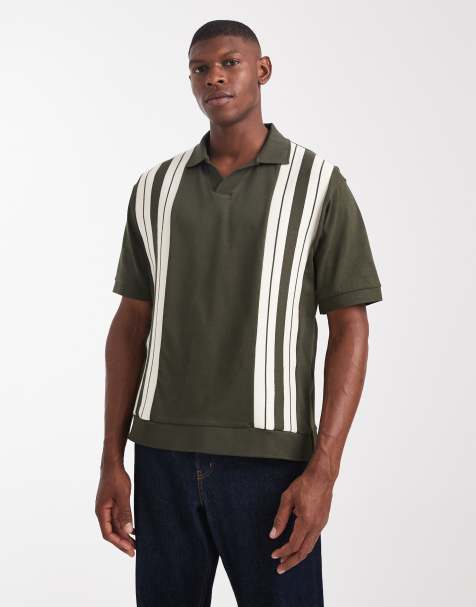 ASOS DESIGN heavyweight relaxed boxy polo with panel detail in khaki 