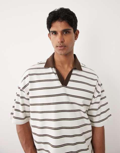 ASOS DESIGN – Gruba koszulka polo oversize w kolorze złamanej bieli w brązowe paski - view 1