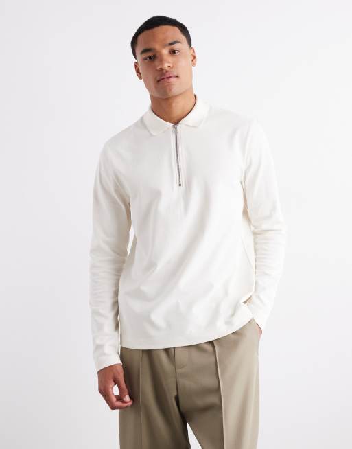 ASOS DESIGN – Gruba koszulka polo w kolorze ecru o gramaturze 240 g/m² z zamkiem pod szyją i haftem