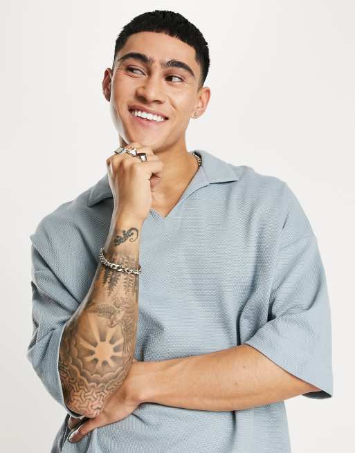 ASOS DESIGN – Gruba niebieska koszulka polo oversize z piki z kołnierzykiem kubańskim