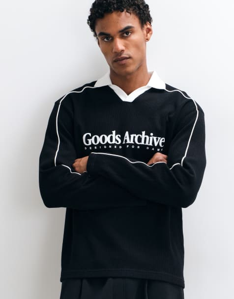 ASOS DESIGN gruba polo z długim rękawem, luźny krój, z lamówką i nadrukiem tekstowym, czarna tkanina waflowa - view 1