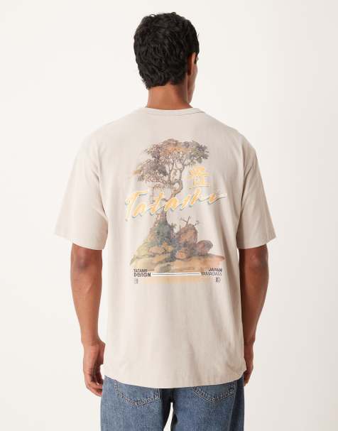 ASOS DESIGN – Gruby beżowy T-shirt o luźnym kroju z krajobrazową grafiką - view 1