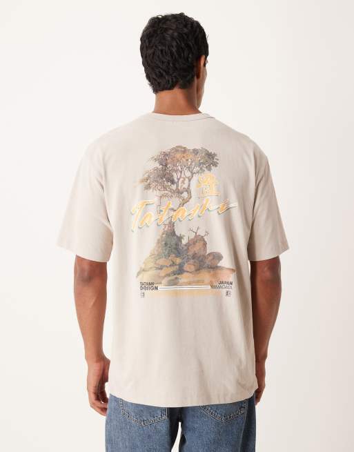 ASOS DESIGN – Gruby beżowy T-shirt o luźnym kroju z krajobrazową grafiką