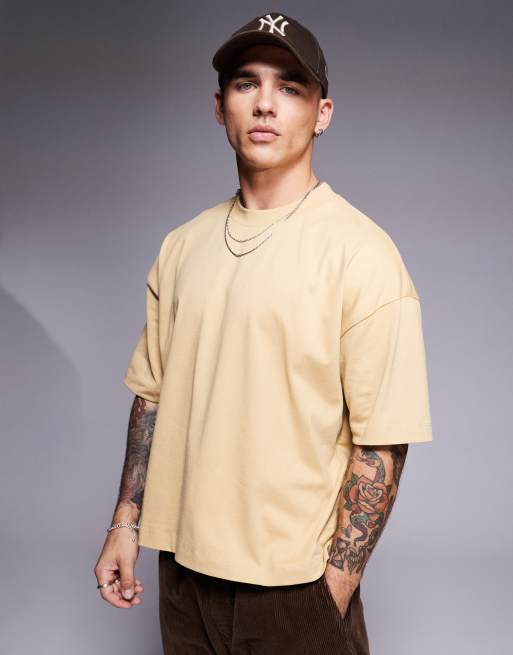 ASOS DESIGN – Gruby beżowy T-shirt oversize o pudełkowym kroju i gramaturze 240 g/m² 