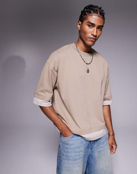 ASOS DESIGN – Gruby beżowy T-shirt oversize o pudełkowym kroju z kontrastowymi wstawkami - view 1