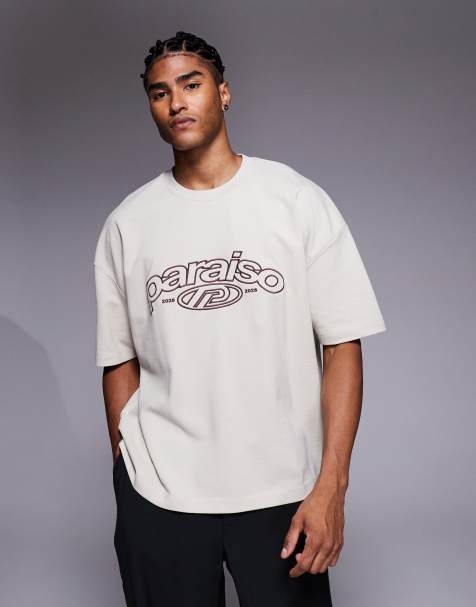 ASOS DESIGN heavyweight boxy oversized t-shirt with dropped shoulder and text embroidery in beige pique 