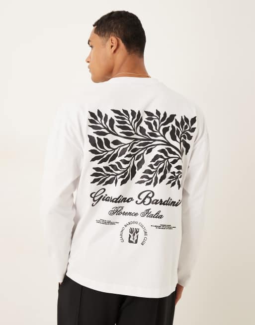 ASOS DESIGN – Gruby biały T-shirt o luźnym kroju i gramaturze 240 g/m² z długim rękawem grafiką z liśćmi