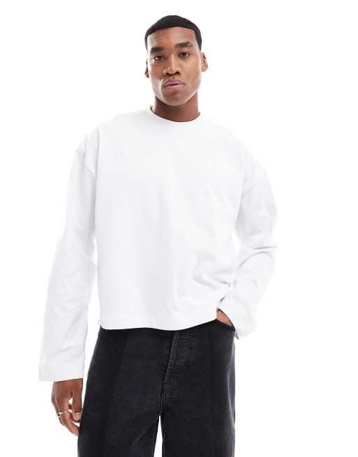 ASOS DESIGN – Gruby biały T-shirt oversize o gramaturze 240 g/m² z długim rękawem i stopniowanym dołem