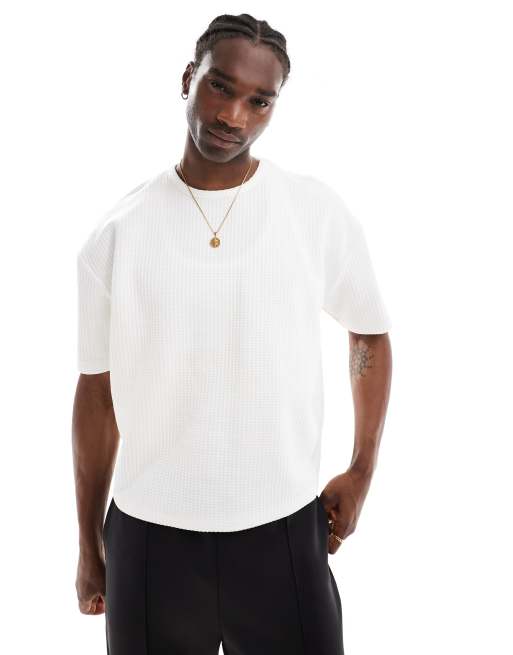 ASOS DESIGN – Gruby biały T-shirt oversize o pudełkowym kroju i dużej waflowej teksturze