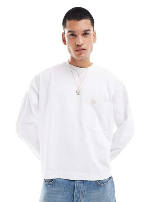 ASOS DESIGN – Gruby biały T-shirt oversize o pudełkowym kroju i gramaturze 240 g/m² z długim rękawem i kieszenią na piersi