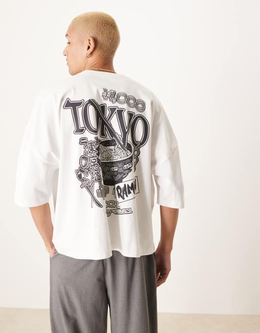 ASOS DESIGN – Gruby biały T-shirt oversize o pudełkowym kroju i gramaturze 240 g/m² z nadrukiem na plecach