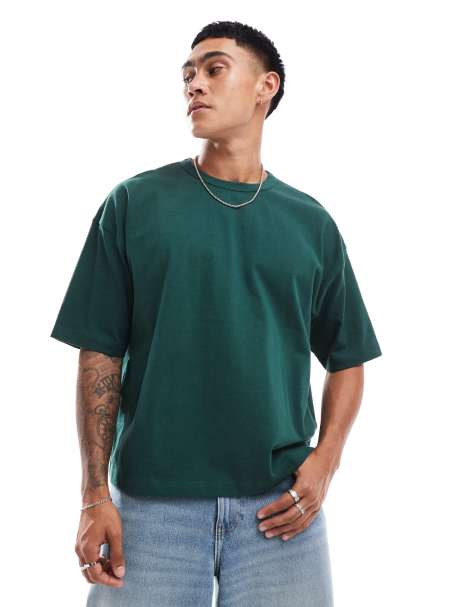ASOS DESIGN – Gruby ciemnozielony T-shirt oversize o pudełkowym kroju i gramaturze 240 g/m² - view 1