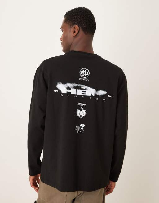 ASOS DESIGN – Gruby czarny T-shirt o gramaturze 240 g/m² i luźnym kroju z długimi rękawami i pionowym nadrukiem