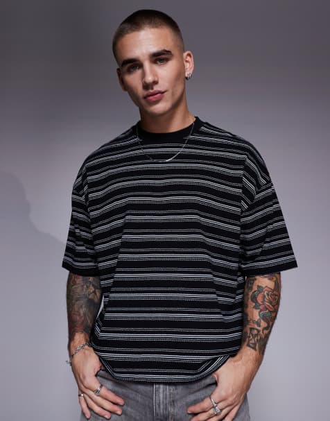 ASOS DESIGN – Gruby czarny T-shirt oversize o pudełkowym kroju w teksturowane paski - view 1