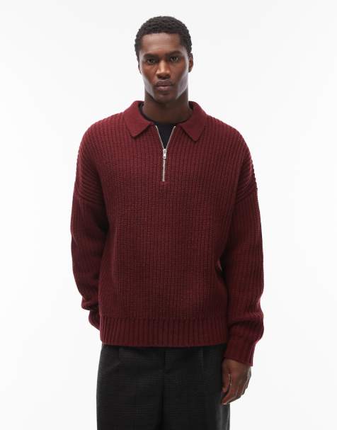 ASOS DESIGN oversized boxy fit heavyweight knitted wool blend quarter zip polo in burgundy