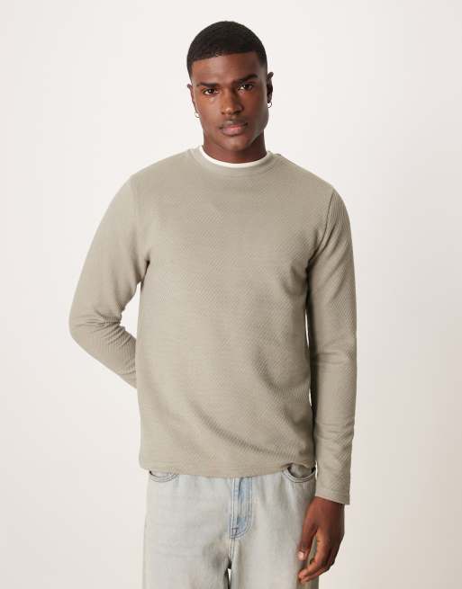 ASOS DESIGN – Gruby fakturowany T-shirt w kolorze khaki o luźnym kroju z długimi rękawami