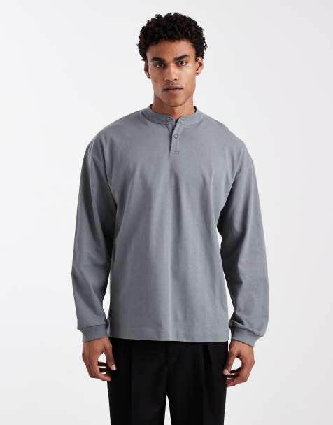 ASOS DESIGN – Gruby grafitowy T-shirt oversize z długimi rękawami i dekoltem henley - view 1