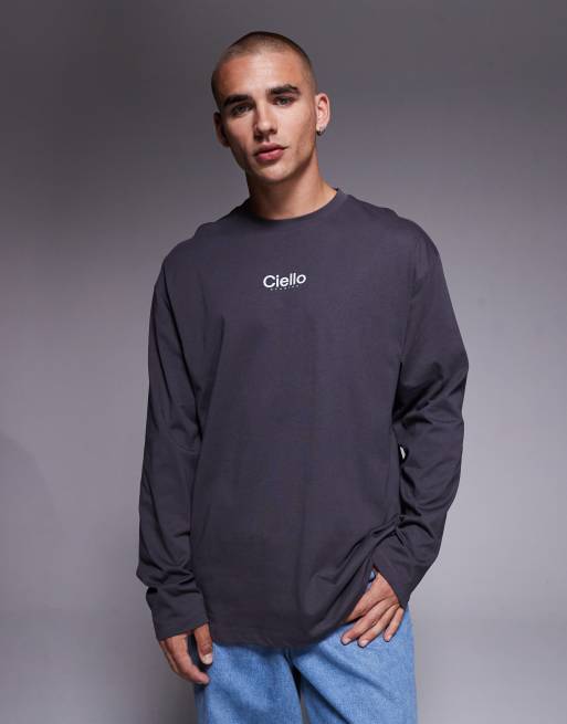 ASOS DESIGN – Gruby grafitowy T-shirt z długimi rękawami o luźnym kroju z nadrukiem na piersi, gramatura 240 g/mkw.
