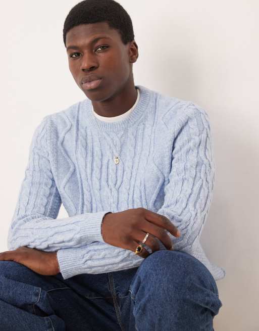 ASOS DESIGN – Gruby jasnoniebieski sweter o warkoczowym splocie z okrągłym dekoltem