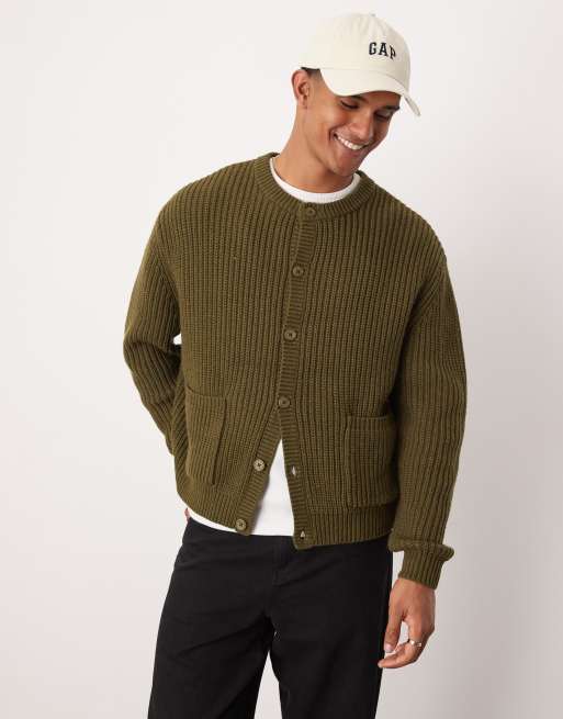 ASOS DESIGN – Gruby kardigan oversize z okrągłym dekoltem z dzianiny z domieszką wełny w kolorze khaki