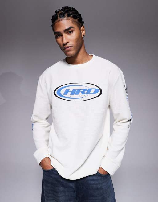 ASOS DESIGN – Gruby kremowy T-shirt o luźnym kroju i waflowej fakturze z długimi rękawami i grafiką w ulicznym stylu 