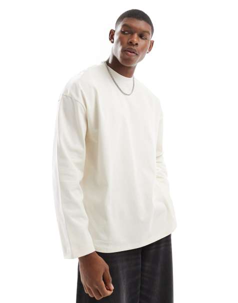 ASOS DESIGN – Gruby kremowy T-shirt oversize z długim rękawem i asymetrycznym dołem - view 1