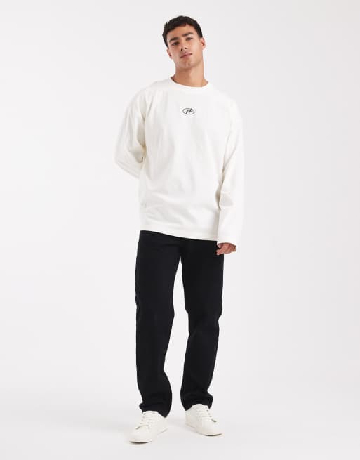  ASOS DESIGN – Gruby kremowy T-shirt oversize z długim rękawem i naszywką na piersi , 2 z 5