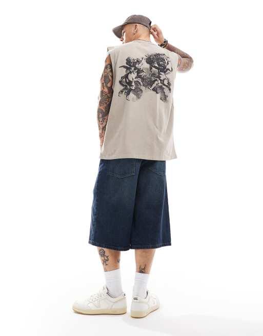 ASOS DESIGN – Gruby podkoszulek oversize w spranym brązowym kolorze z nadrukiem na plecach
