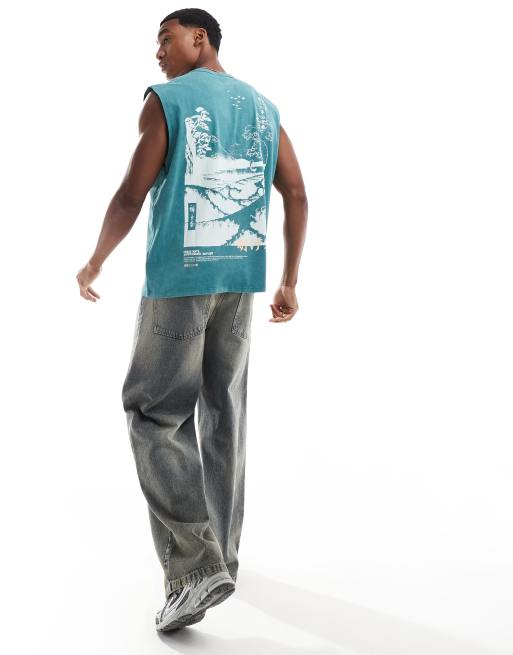 ASOS DESIGN – Gruby podkoszulek oversize w spranym niebieskim kolorze z nadrukiem , 2 z 4