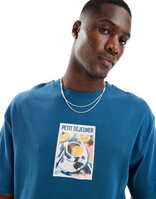 ASOS DESIGN – Gruby prążkowany niebieski T-shirt o luźnym kroju z grafiką z kawą na piersi
